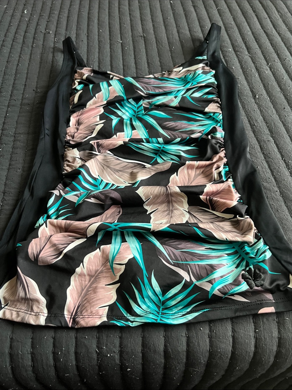 Hapari Black Tankini Top with Teal & Blush Leaf Print